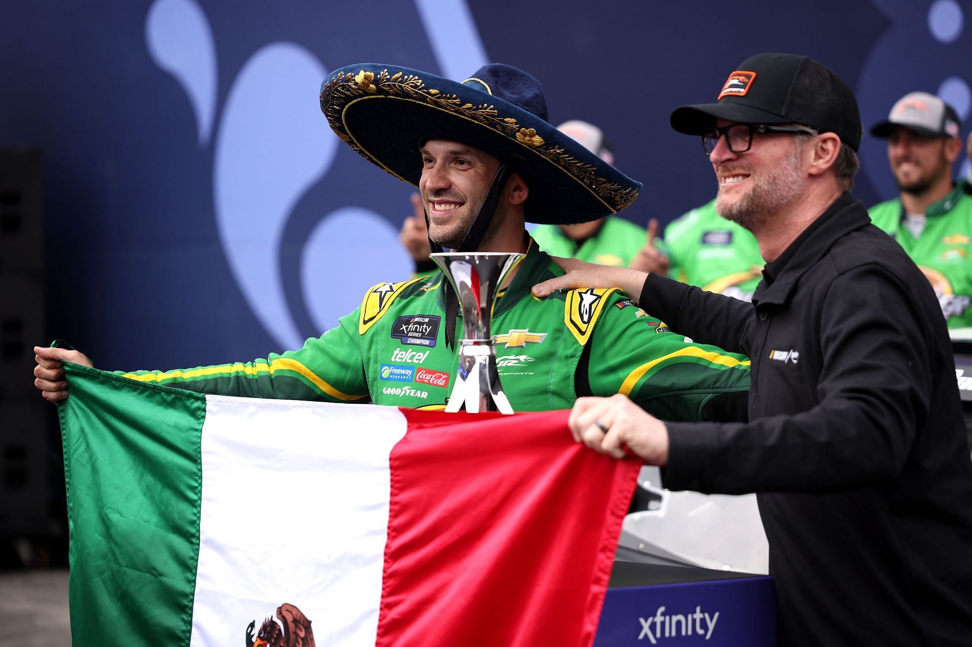 Daniel Suarez and JR Motorsports team owner, Dale Earnhardt Jr., after winning the NASCAR Xfinity Series The Chilango 150. Source: Getty